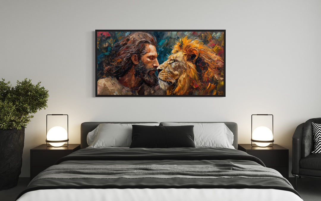 Jesus And The Lion Abstract Modern Christian Framed Canvas Wall Art above bed