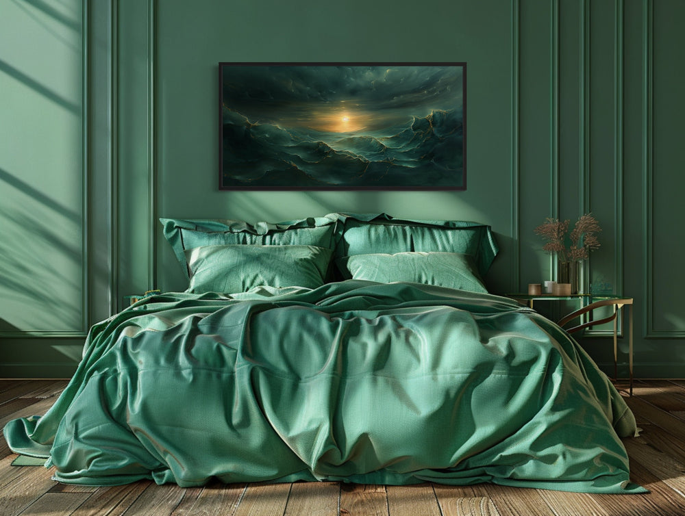 Abstract Emerald Green Gold Ocean Wave Framed Canvas Wall Art above bed