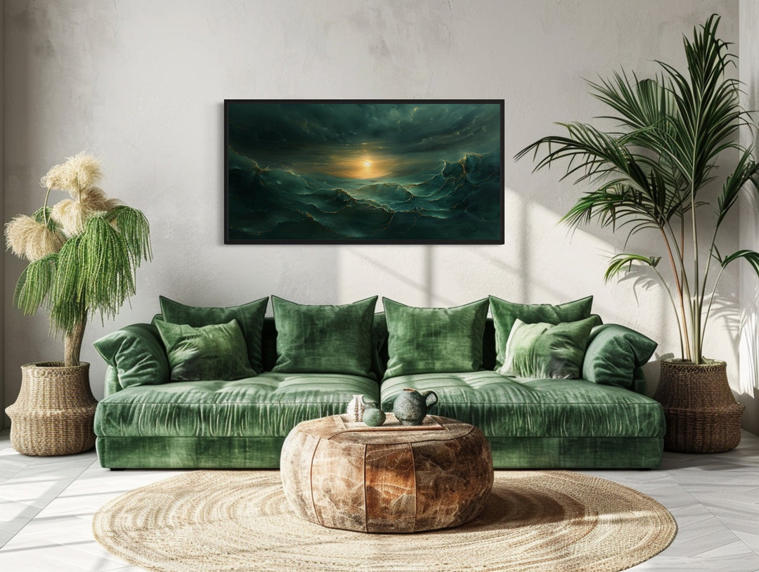 Abstract Emerald Green Gold Ocean Wave Framed Canvas Wall Art