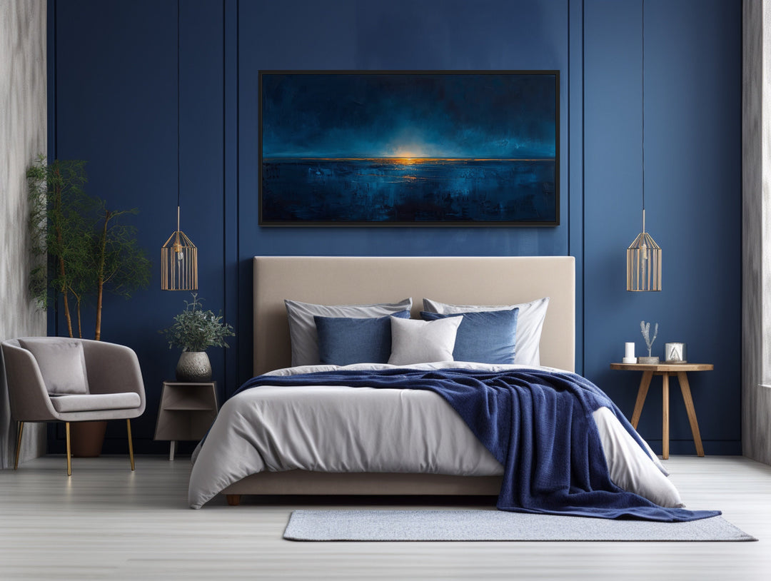 Abstract Navy Blue Gold Calm Ocean Painting Framed Canvas Wall Art above bed