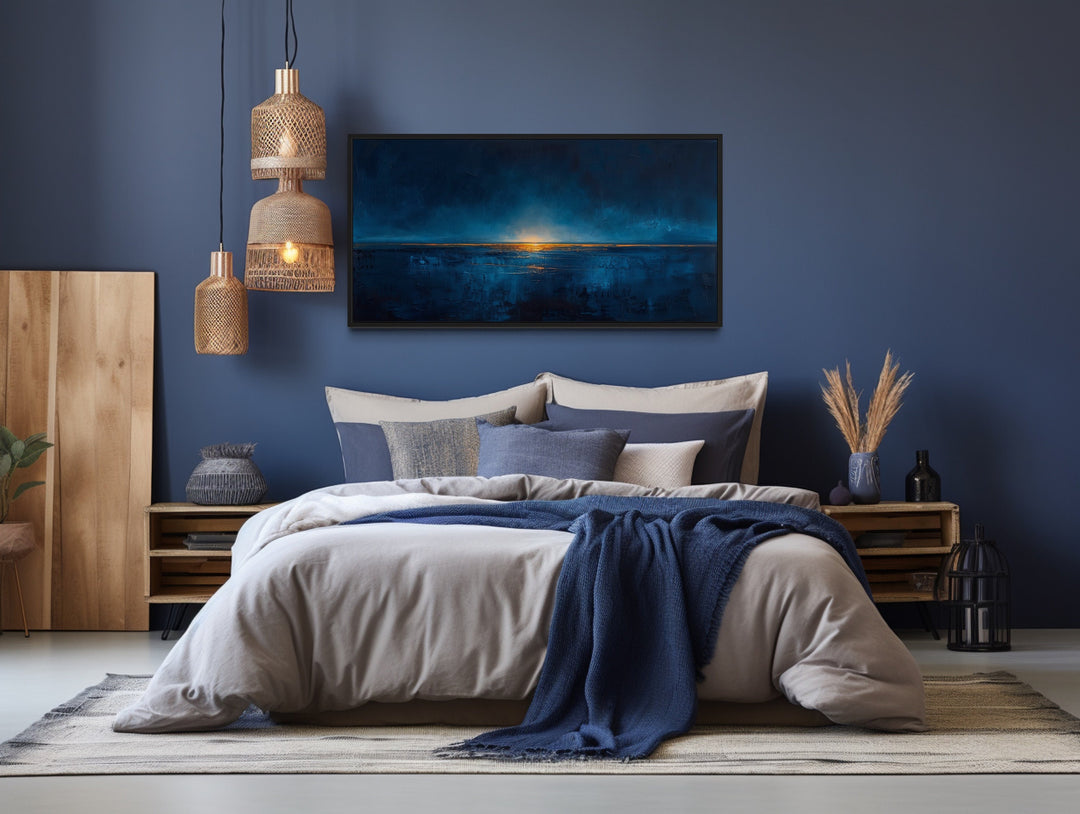 Abstract Navy Blue Gold Calm Ocean Painting Framed Canvas Wall Art above bed