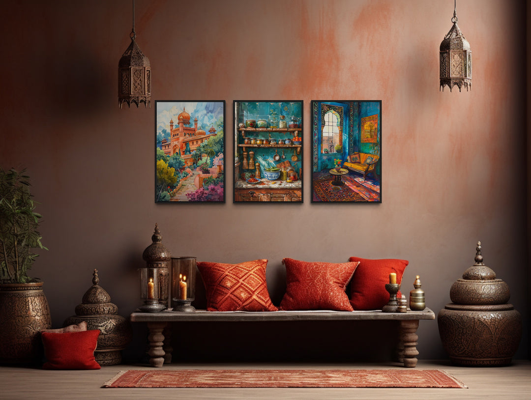 Set Of Three Indian Wall Art, Colorful Kitchen, Room And Temple in indian room