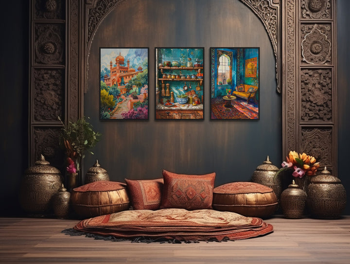 Set Of Three Indian Wall Art, Colorful Kitchen, Room And Temple in indian room
