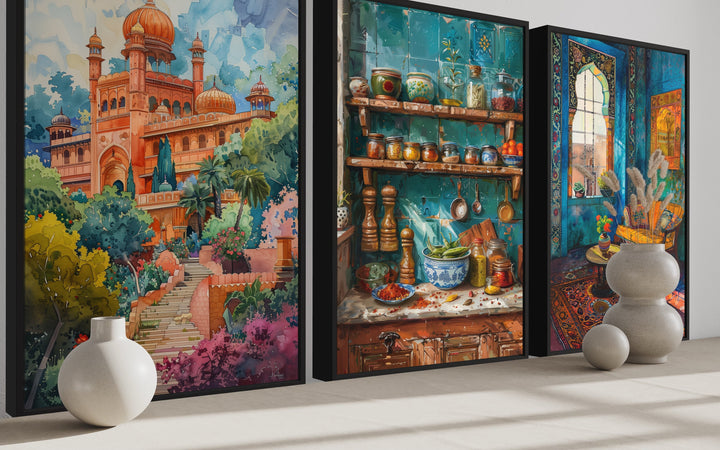 Set Of Three Indian Wall Art, Colorful Kitchen, Room And Temple side view