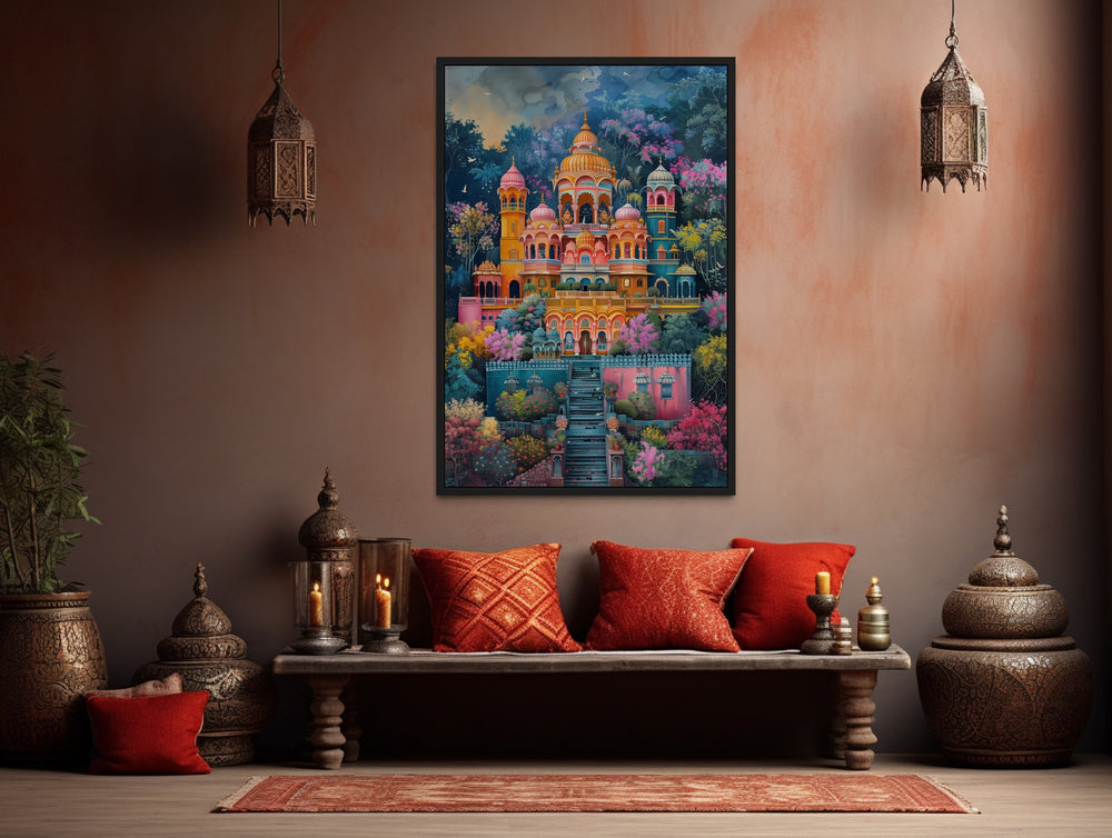 Indian Temple Colorful Painting Traditional Indian Framed Canvas Wall Art