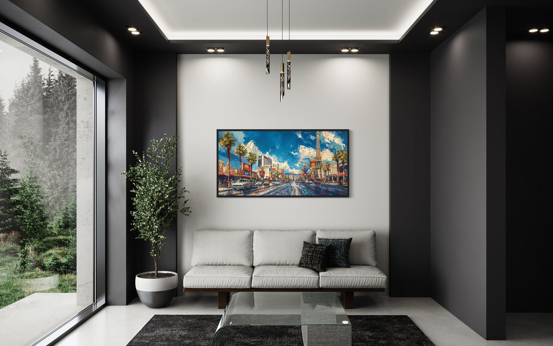 Las Vegas Strip Impressionist Painting Canvas Wall Art above white couch