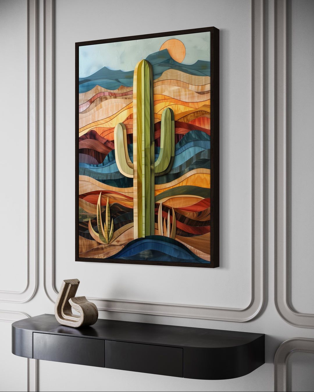 Layered Wood Style Framed Saguaro Cactus Wall Art side view