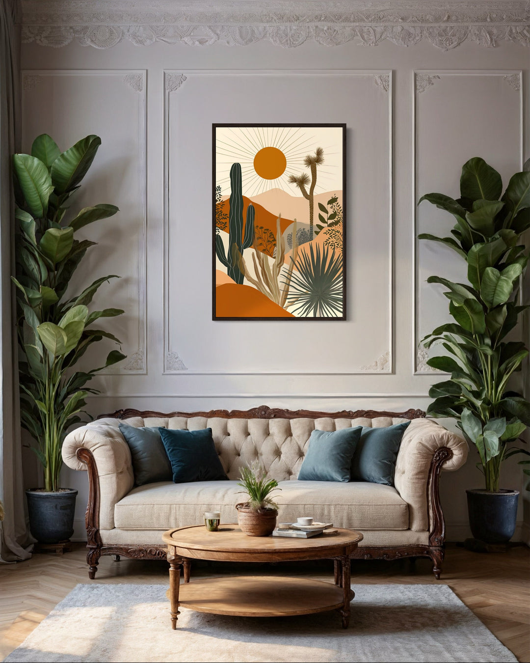 Boho Saguaro Cactus With Sun In The Desert Framed Canvas Wall Art in living room