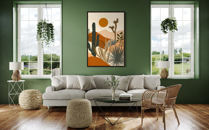 Boho Saguaro Cactus With Sun In The Desert Framed Canvas Wall Art on green wall