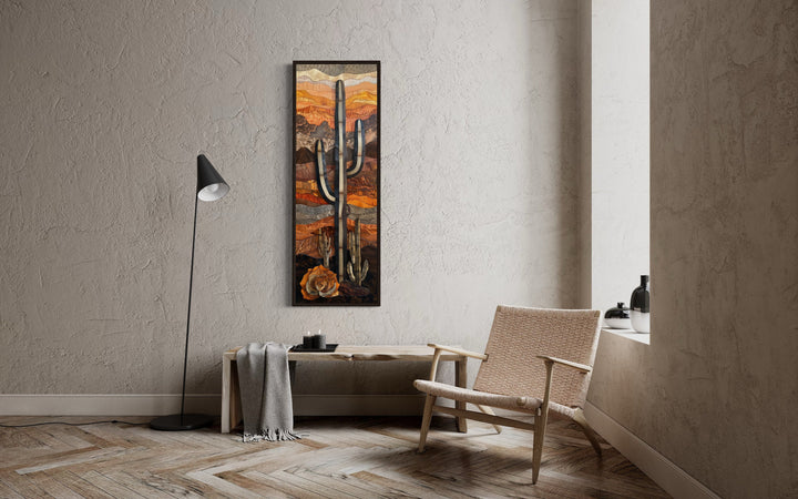 Vertical Tall Narrow Saguaro Cactus Framed Canvas Wall Art on the wall