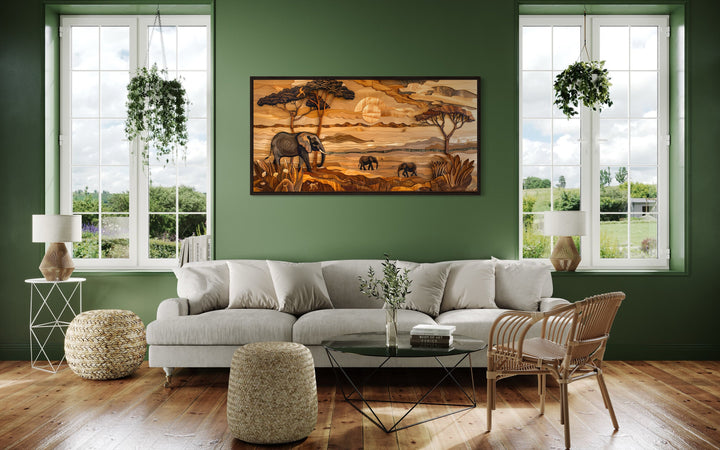 African Savanna With Elephants Framed Canvas Wall Art on green wall