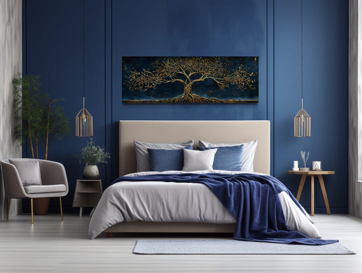 Navy Blue Gold Yggdrasil Panoramic Framed Canvas Wall Art above bed
