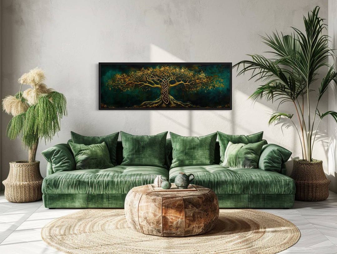 Emerald Green Gold Yggdrasil Tree Framed Canvas Wall Art above green couch