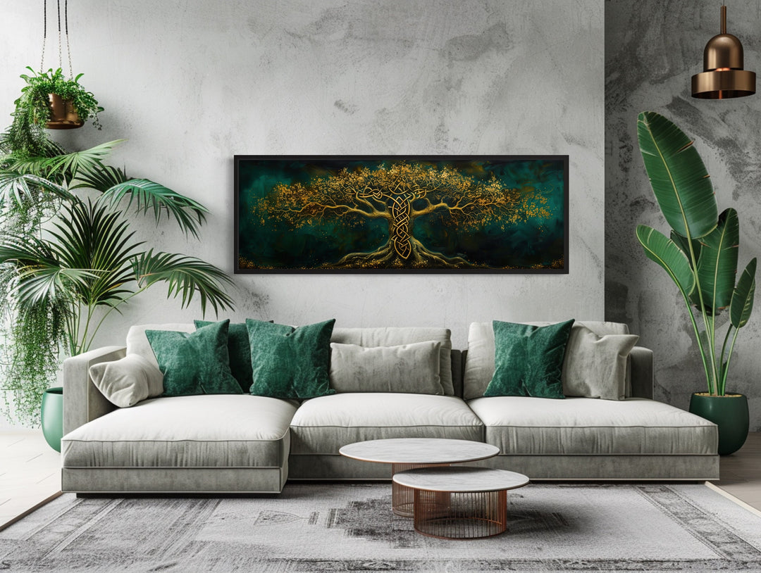 Emerald Green Gold Yggdrasil Tree Framed Canvas Wall Art above grey couch