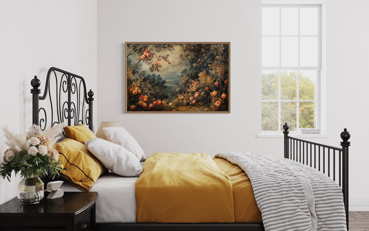 European Floral Garden Antique Style Framed Tapestry Canvas Wall Art in yellow bedroom