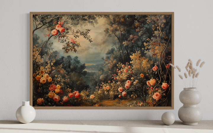 European Floral Garden Antique Style Framed Tapestry Canvas Wall Art close up