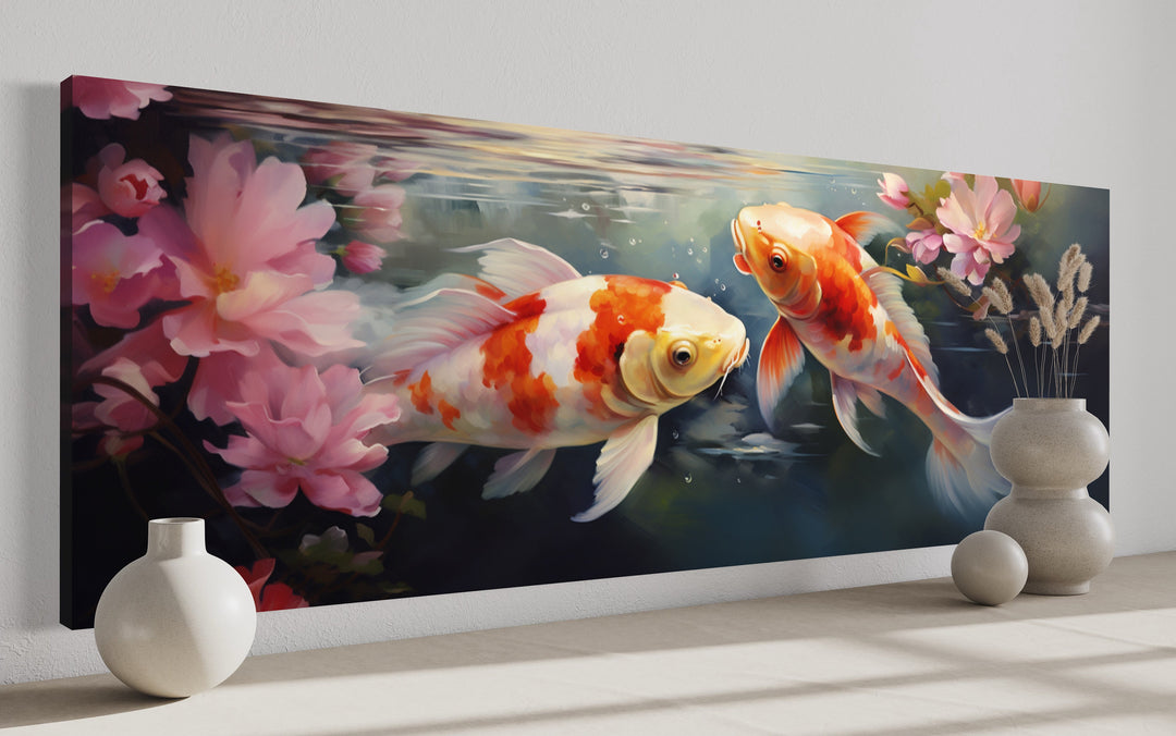 Panoramic Koi Fish Long Horizontal Framed Canvas Wall Art side view