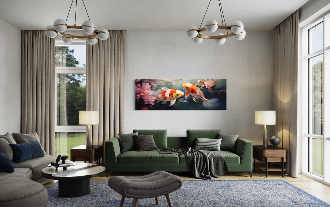 Panoramic Koi Fish Long Horizontal Framed Canvas Wall Art in living room