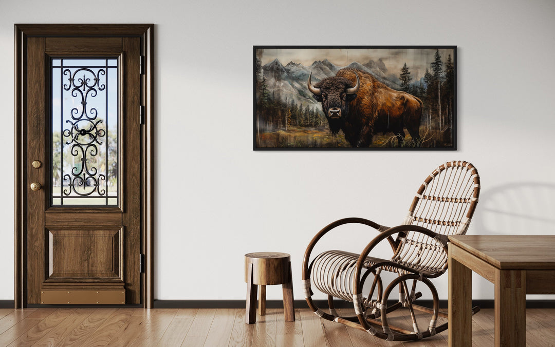 American Buffalo In Yellowstone Painting Wood Framed Canvas Art in rustic room
