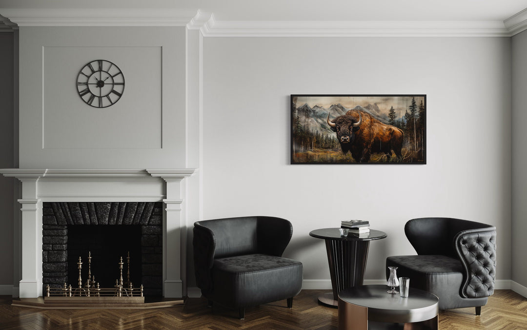 American Buffalo In Yellowstone Painting Wood Framed Canvas Art in office
