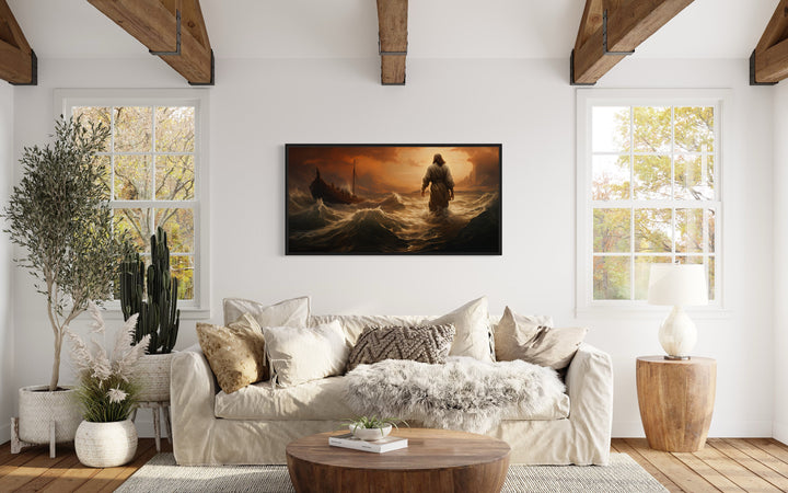 Jesus Walking On Water In Storm Modern Christian Framed Canvas Wall Art above couch