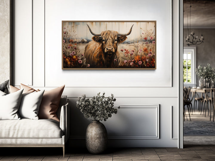 Scottish Highland Cow With Flowers Rustic Farmhouse Wall Art in rustic house