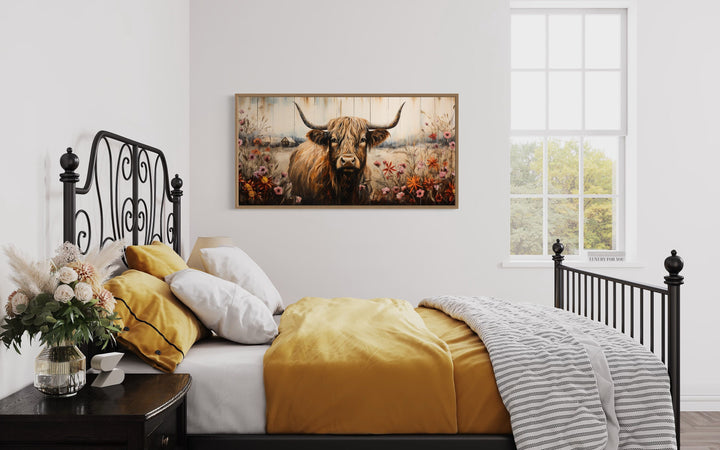 Scottish Highland Cow With Flowers Rustic Farmhouse Wall Art in bedroom