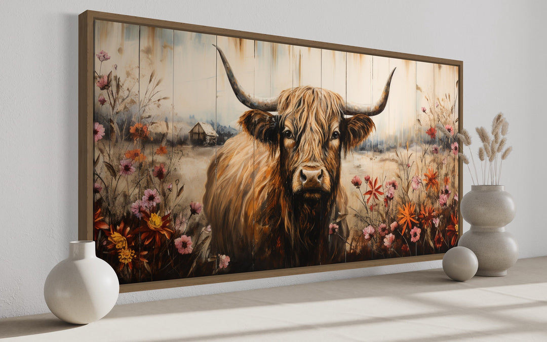 Scottish Highland Cow With Flowers Rustic Farmhouse Wall Art side view