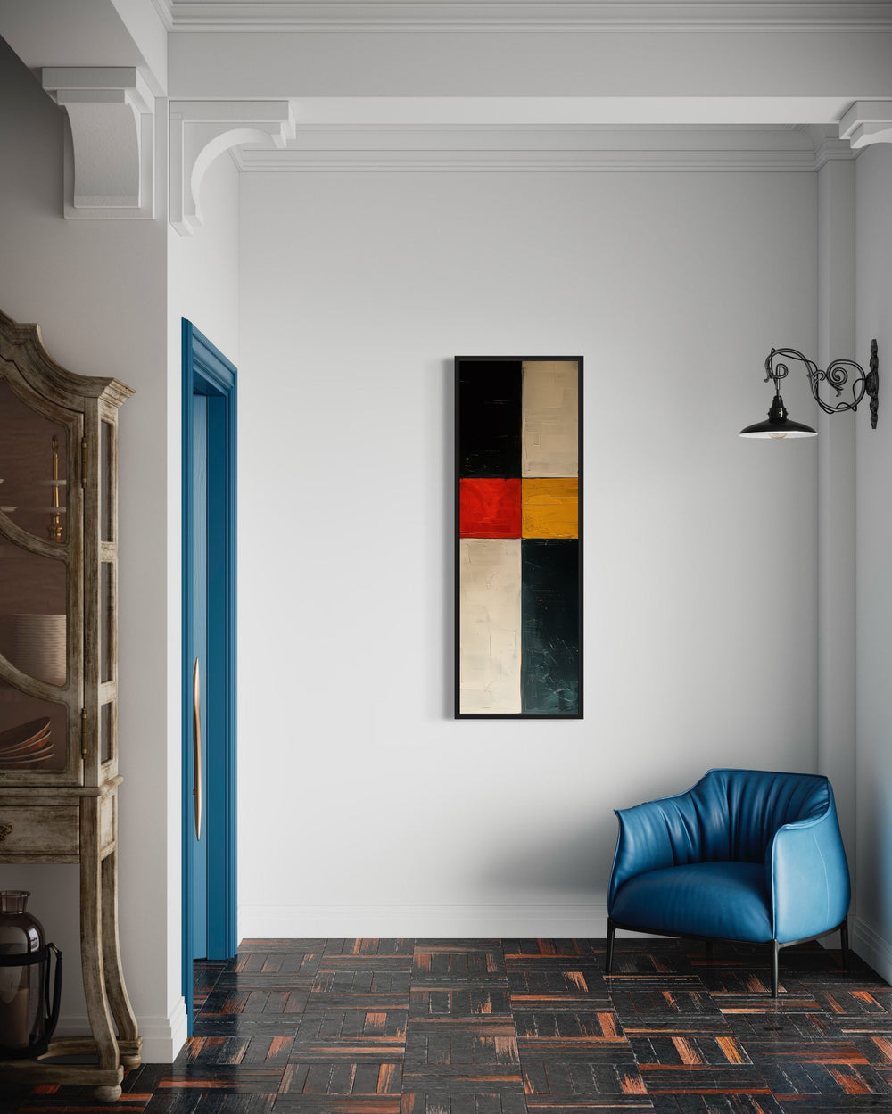 Tall Narrow Geometric Black White Red Vertical Wall Art in living room