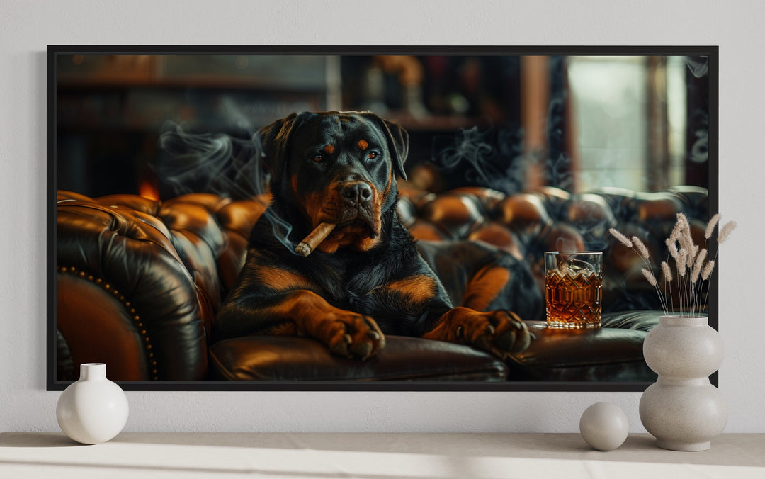 Rottweiler On Couch Smoking Cigar Drinking Whiskey Wall Art close up