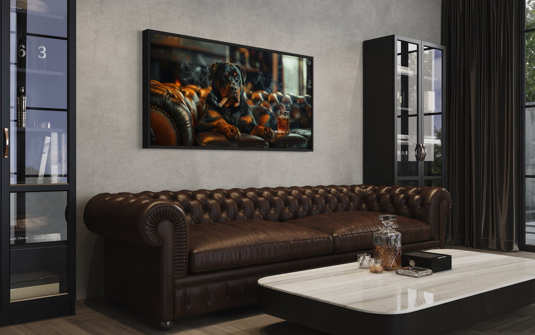 Rottweiler On Couch Smoking Cigar Drinking Whiskey Wall Art in the bar room