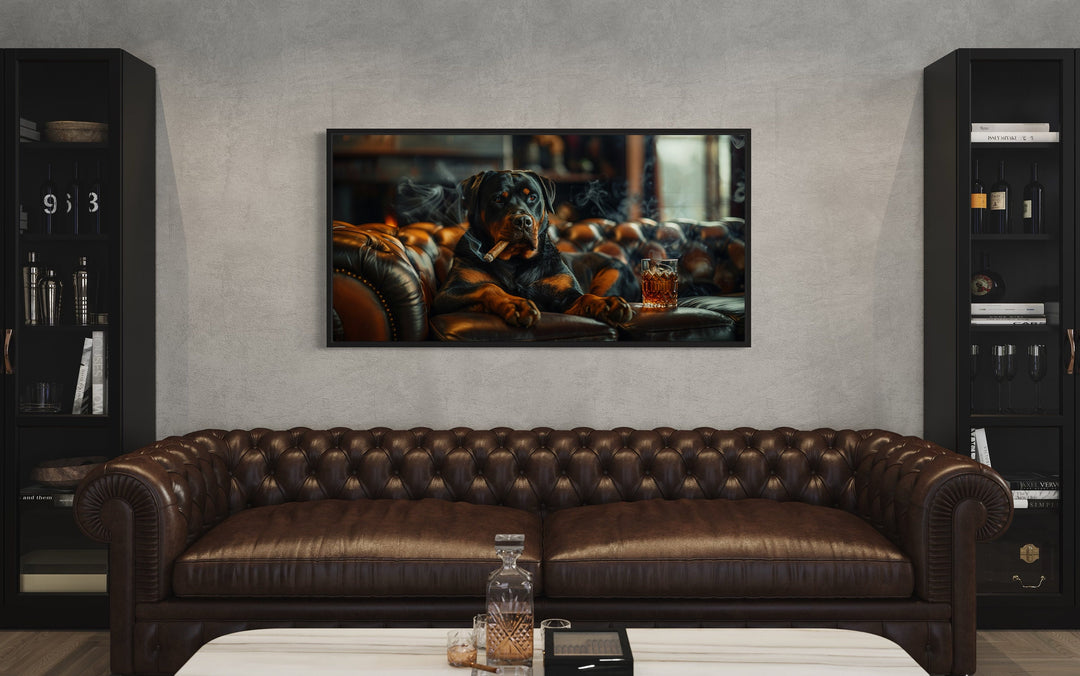 Rottweiler On Couch Smoking Cigar Drinking Whiskey Wall Art in man cave room