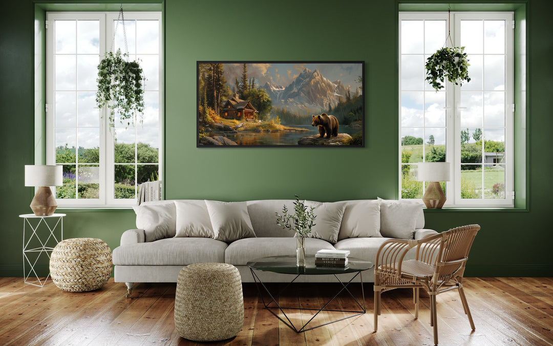 Bear Near Mountain Cabin By The Lake Painting Canvas Print, Lake House, Cabin Wall Decor Framed Ready To Hang