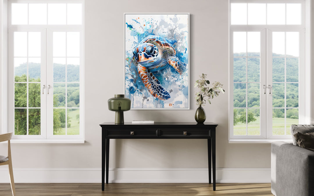 Blue Sea Turtle Beach House Framed Canvas Wall Art above table