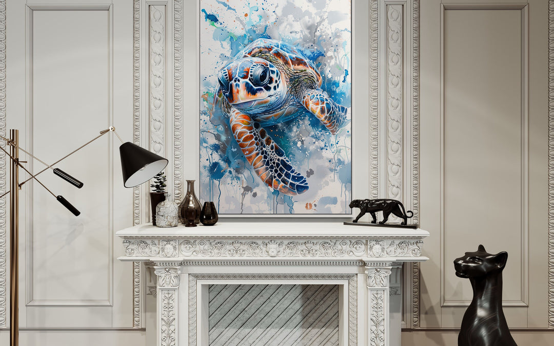 Blue Sea Turtle Beach House Framed Canvas Wall Art above mantel