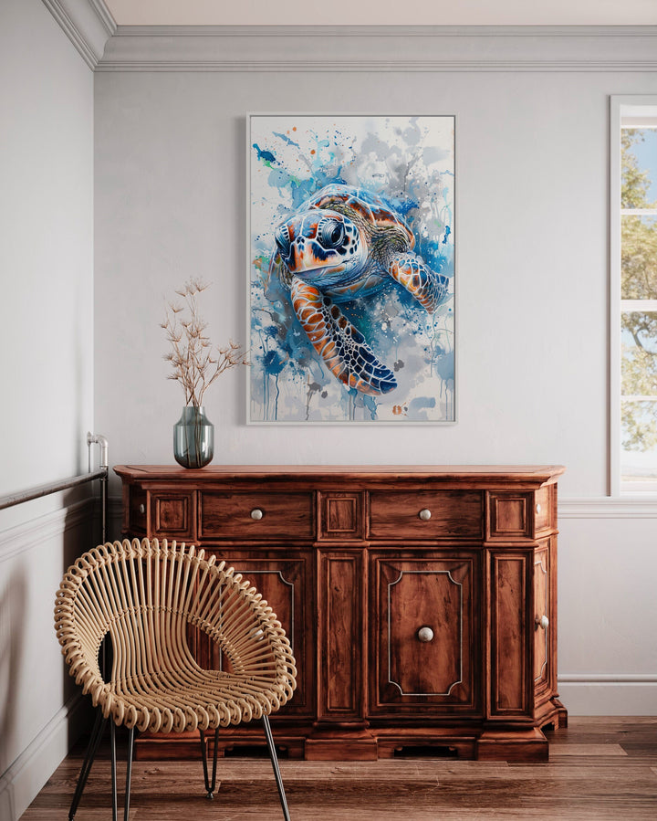 Blue Sea Turtle Beach House Framed Canvas Wall Art in bedroom