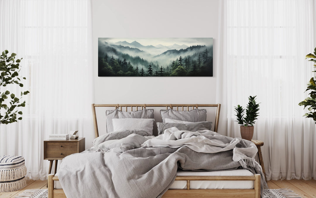 Sage Green Moody Foggy Pine Forest Mountains Landscape Above Bed Wall Art above wooden bed