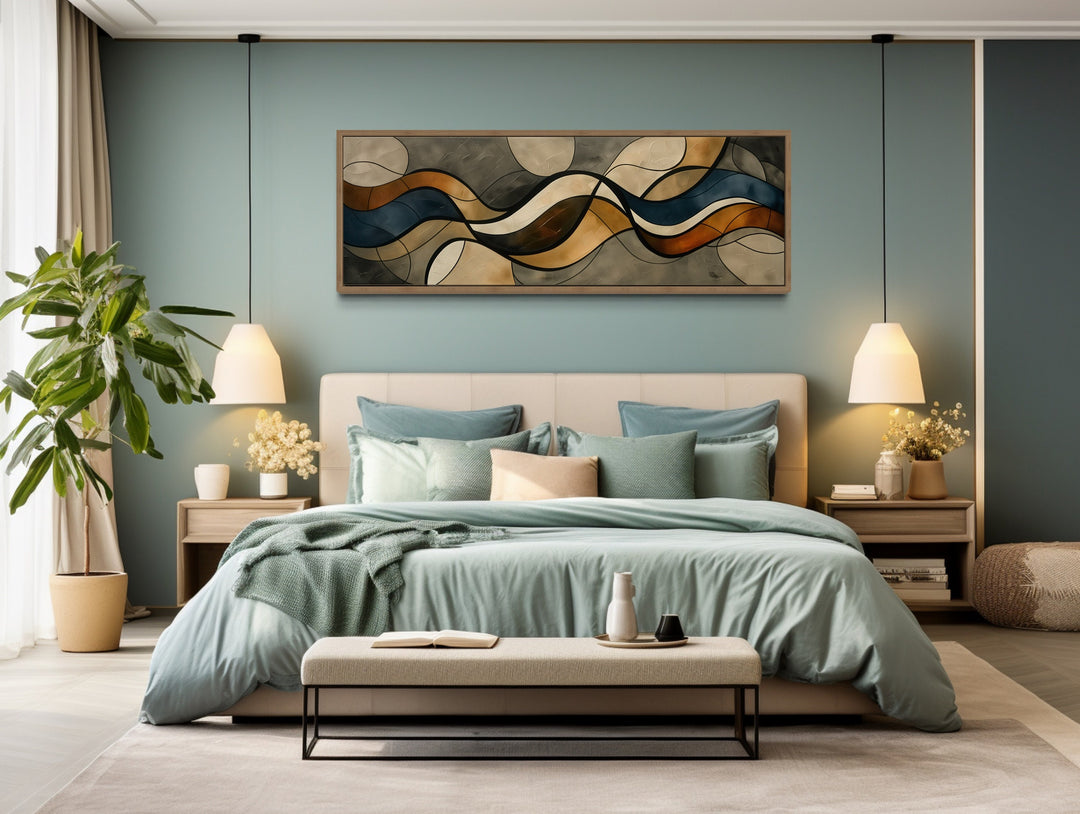 Long Narrow Earth Tones Mid Century Modern Above Bed Wall Art