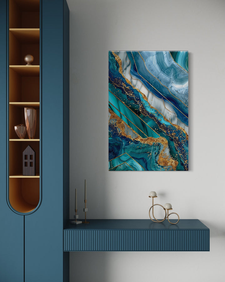 Teal Gold Abstract Marble Framed Canvas Wall Art in living room