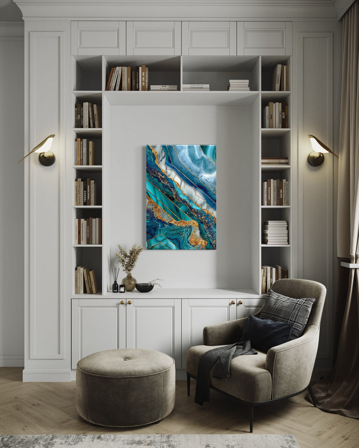 Teal Gold Abstract Marble Framed Canvas Wall Art in the reading room