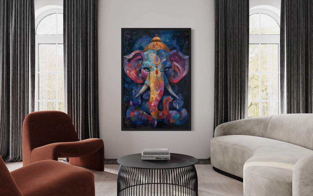 Colorful Modern Lord Ganesha Framed Canvas Wall Art in living room
