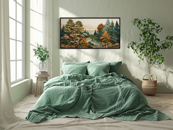 Green Forest River Layered Wood Painting Framed Canvas Wall Art above bed