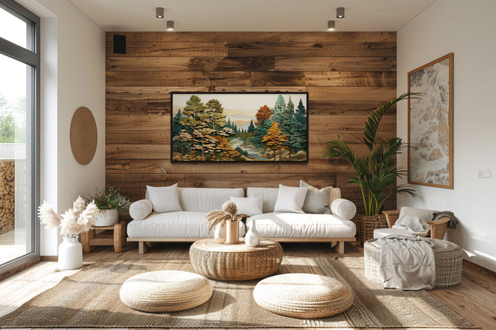 Green Forest River Layered Wood Painting Framed Canvas Wall Art in cabin