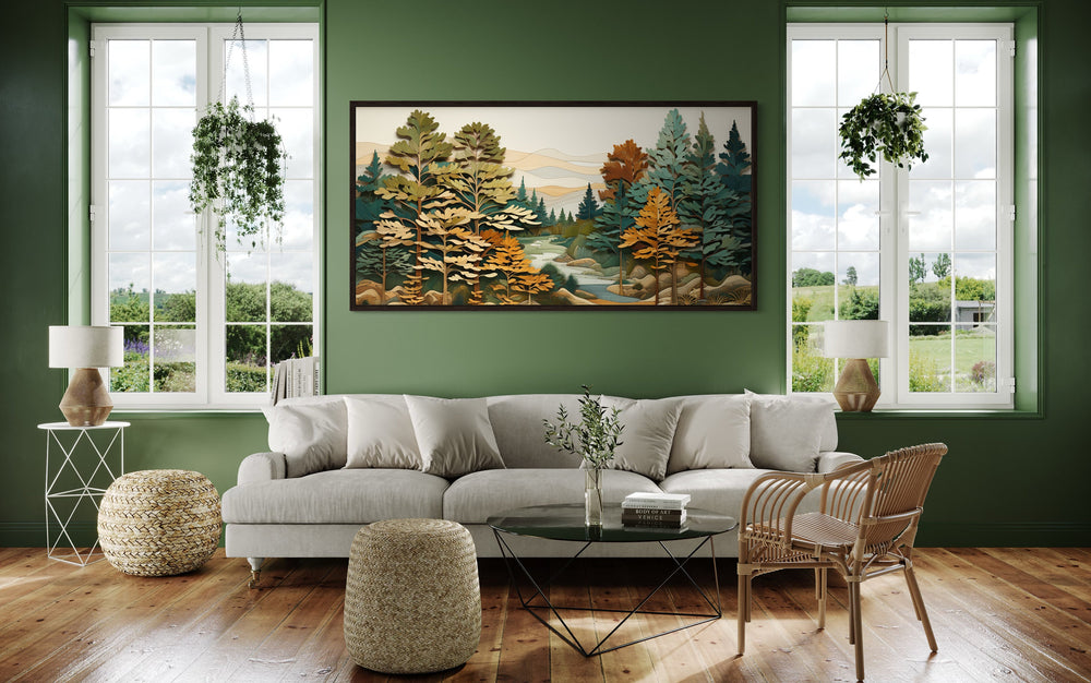 Green Forest River Layered Wood Painting Framed Canvas Wall Art in living room