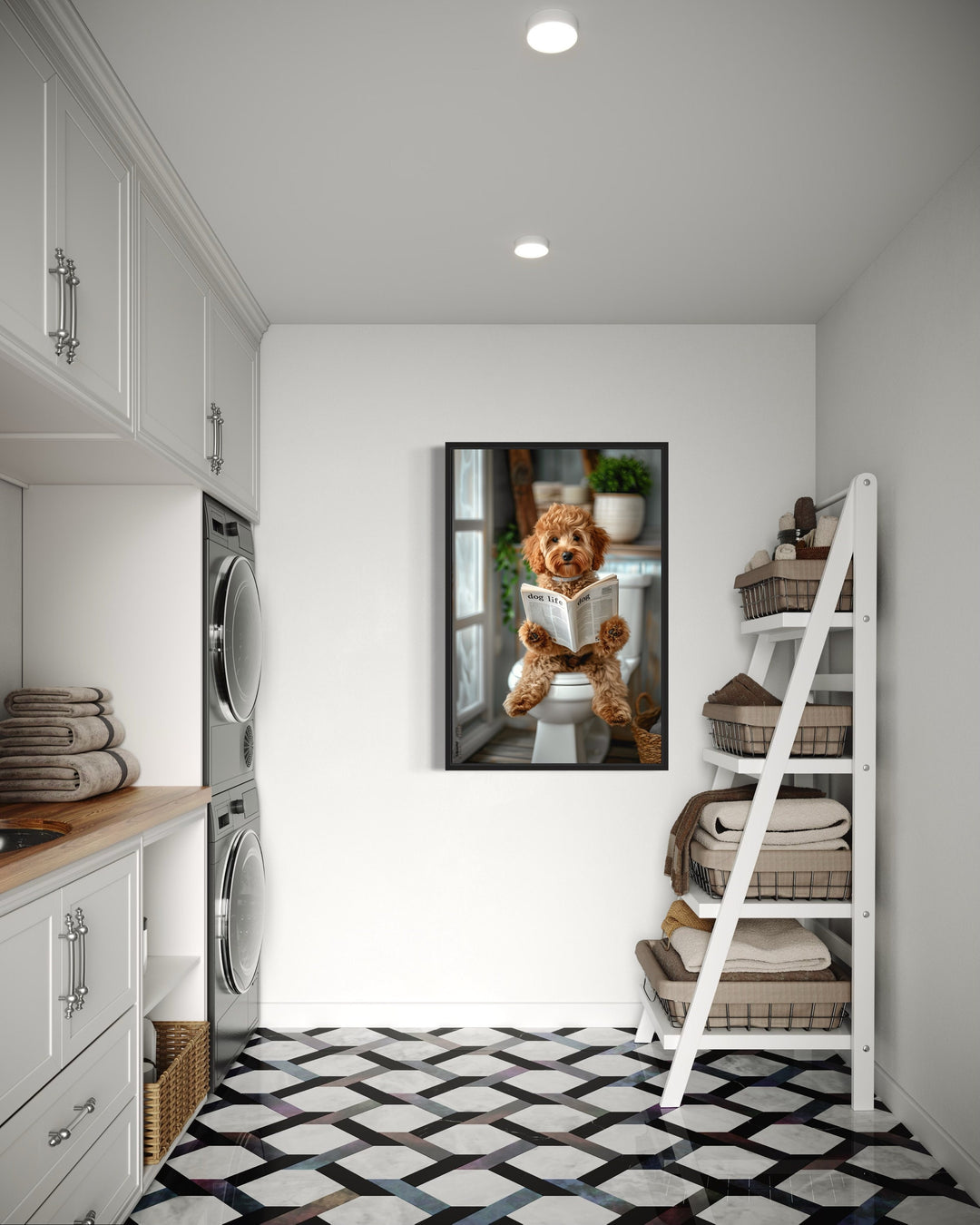 Cockapoo Dog On The Toilet Reading Newspaper Framed Canvas Wall Art in the laundry