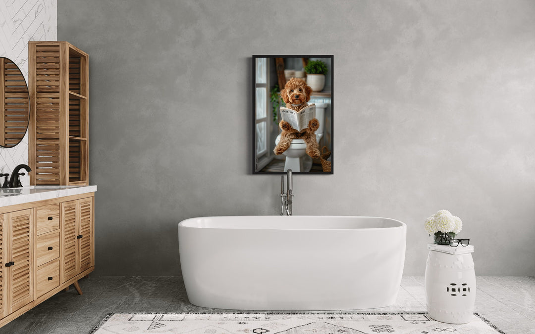 Cockapoo Dog On The Toilet Reading Newspaper Framed Canvas Wall Art in the bathroom