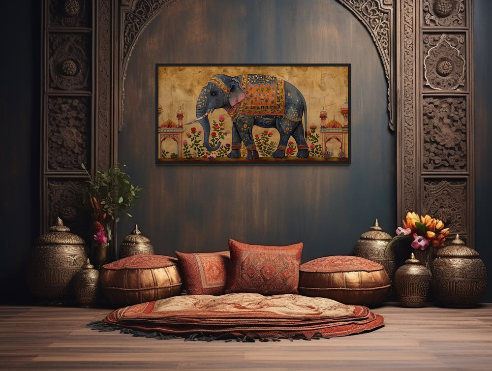 Indian Elephant Traditional Framed Canvas Wall Art in indian room