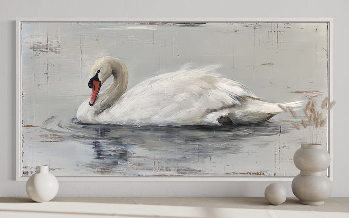 White Swan Painting On Wood Rustic Canvas Wall Art