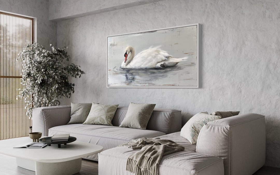 White Swan Painting On Wood Rustic Canvas Wall Art above grey couch