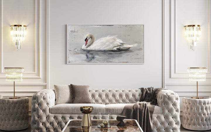 White Swan Painting On Wood Rustic Canvas Wall Art above white couch